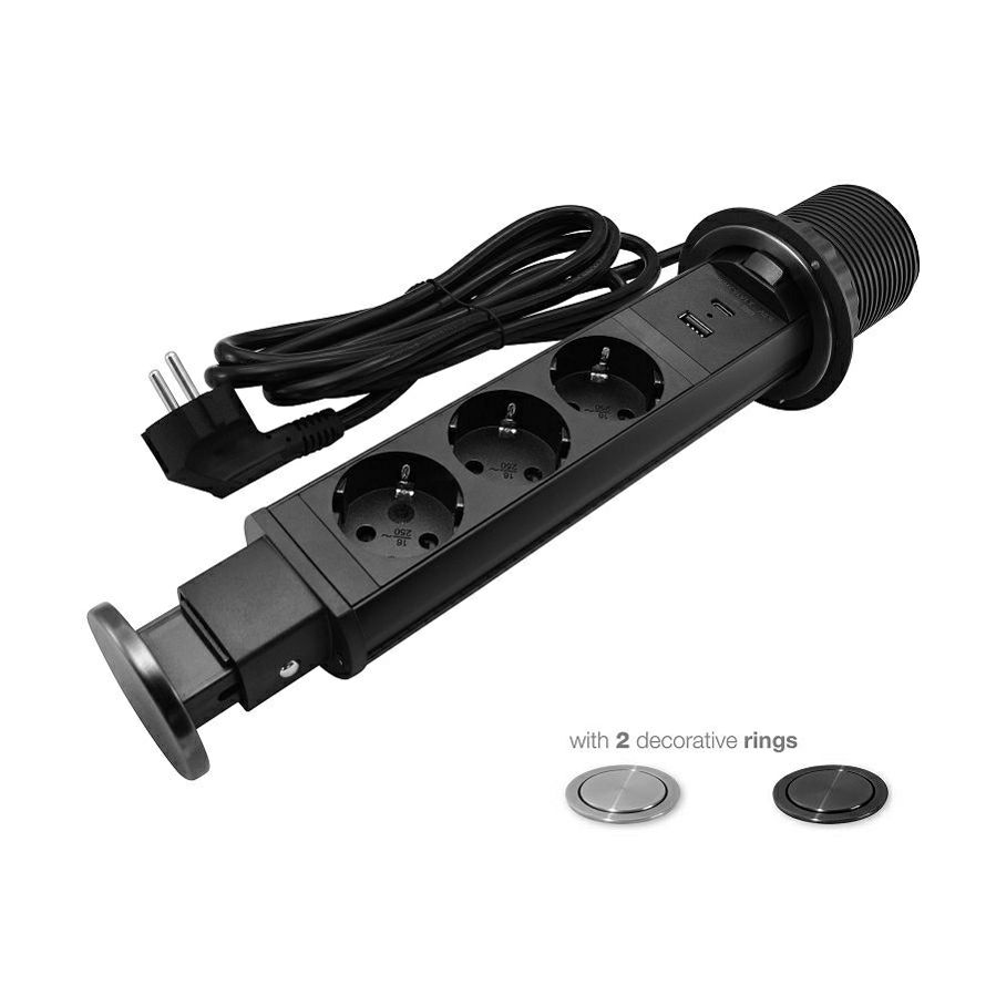 Izvlačna utičnica PopUp Commel 3 šuko + USB A+C, 2m kabela 16A